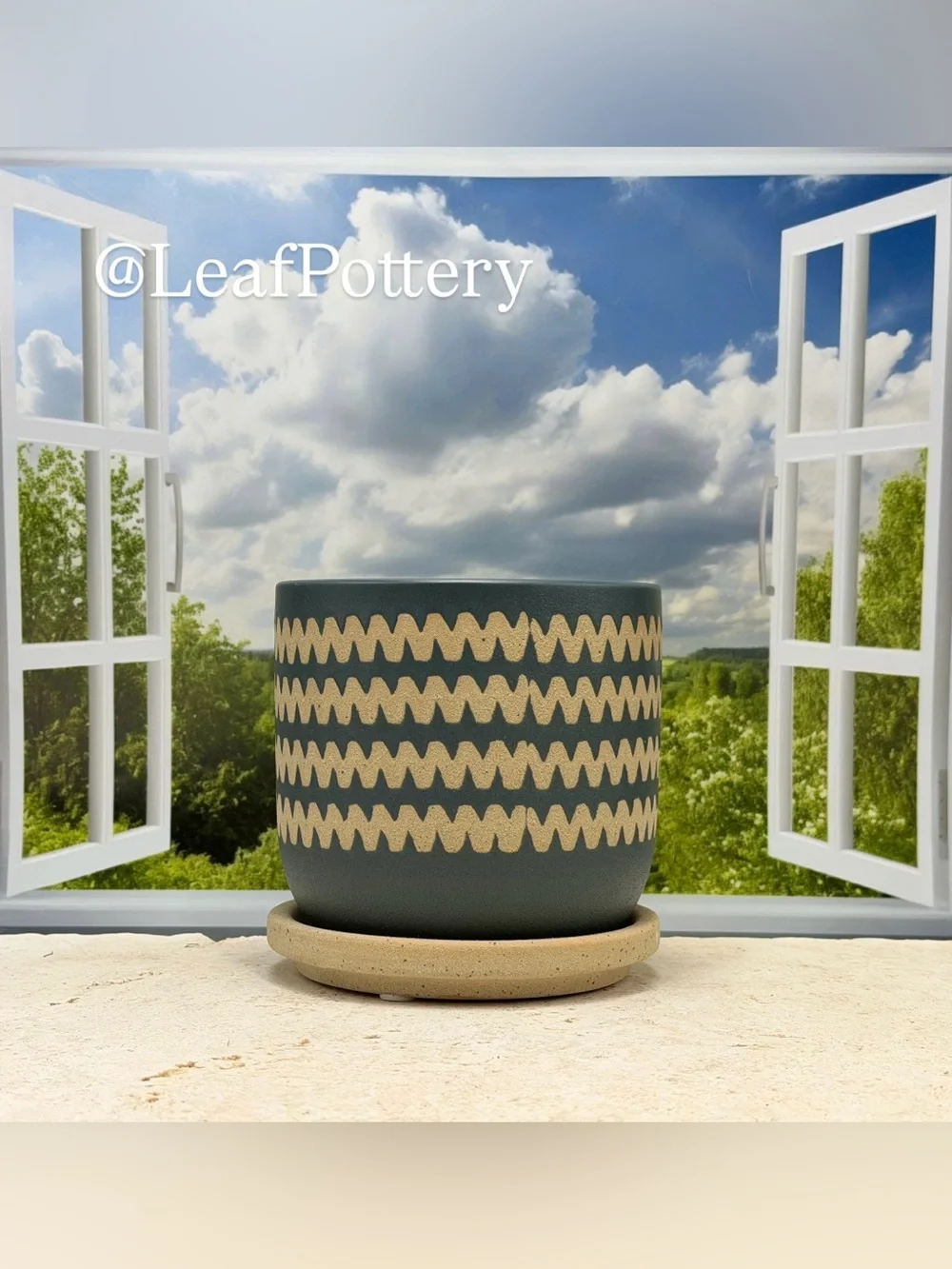 Dark Green Ceramic Planter with Attached Saucer & Drainage Hole